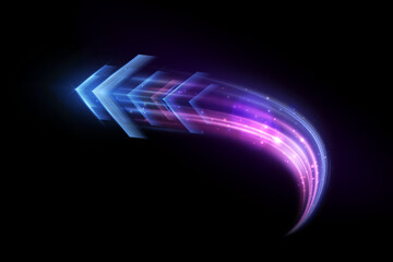Poster - Light effect of high-speed movement of the speed of light along a curved trajectory of bright blue-violet flickers. Dynamic movement of a high-speed arrow of light energy.