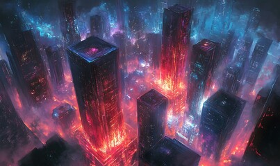 Sticker - Futuristic Cityscape with Red and Blue Glowing Towers