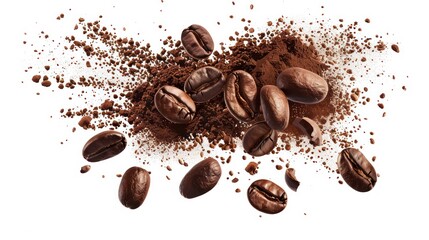 A close-up view of coffee beans and coffee powder scattered on a white background.