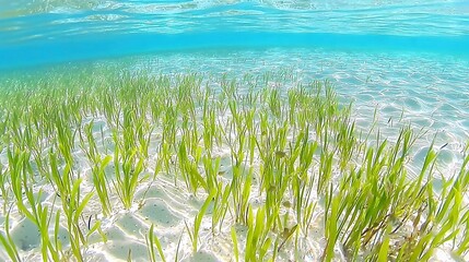 Sticker -   An underwater image shows grass swaying in sandy water, with a clear blue sky above and clear blue water below