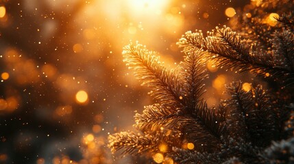 Canvas Print - Golden Pine Branches with Bokeh Lights and Falling Snow