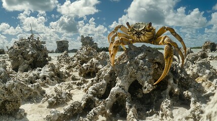 Canvas Print -   Yellow crab atop a rock pile on a sandy beach near the ocean