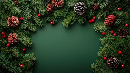 Christmas Fir Branches and Pine Cones Frame on Green Background