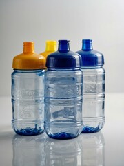 Plastic water bottles and a glass on white background, ideal for adding text.