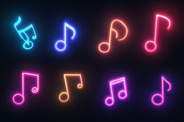 Music neon icons collection. Notes, headphones and musical instruments. Drum kit. Music store emblem. Night club badge. Light signboards set. Outer glowing