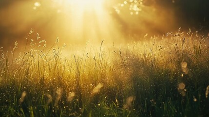 Canvas Print -  Field of dew-kissed grass beneath the radiant sun's rays, with dappled tree shadows