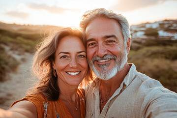 Poster - A couple is smiling for the camera in a beautiful outdoor setting