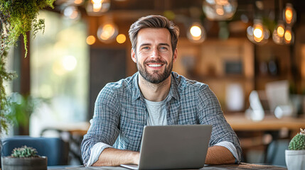 Poster - A man is sitting at a table with a laptop in front of him