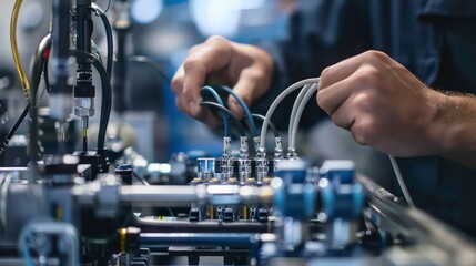 Poster - Close-up of an engineer's hands connecting wires to a complex machine in a factory.