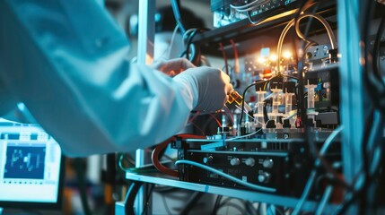 Poster - A scientist in a white lab coat works on a complex piece of equipment in a laboratory.