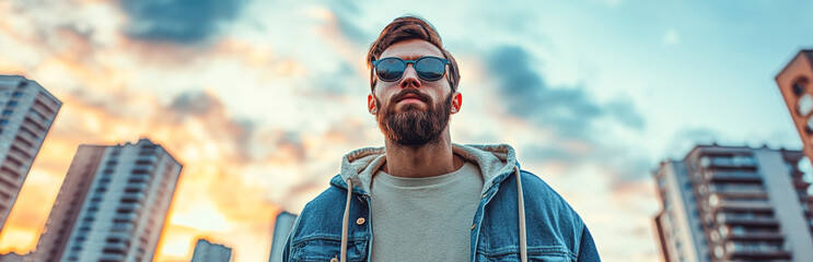 Sticker - A man with a beard and sunglasses stands in front of a city skyline