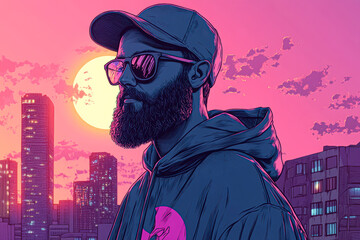 A man with a beard and sunglasses stands in front of a city skyline