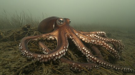 Wall Mural -   A massive octopus lies atop a grassy ocean floor amidst seaweed on a hazy day