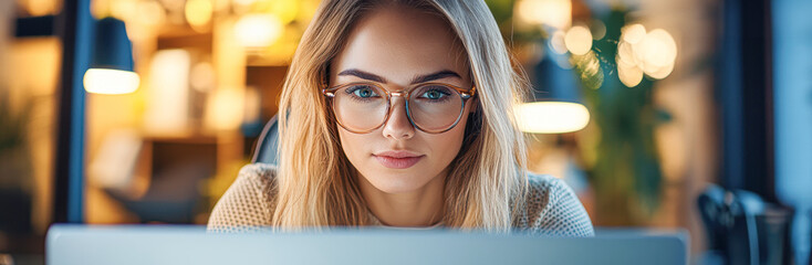 A woman wearing glasses is looking at a laptop computer