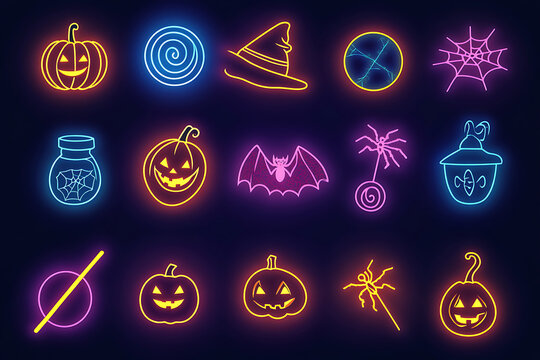 Happy Halloween neon icons collection. Pumpkin, ghost and moon. Trick or treat concept. Season october holiday. 