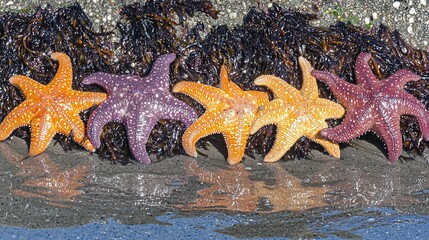 Poster -   A group of starfishs sits atop a beach beside a body of water on a sunny day