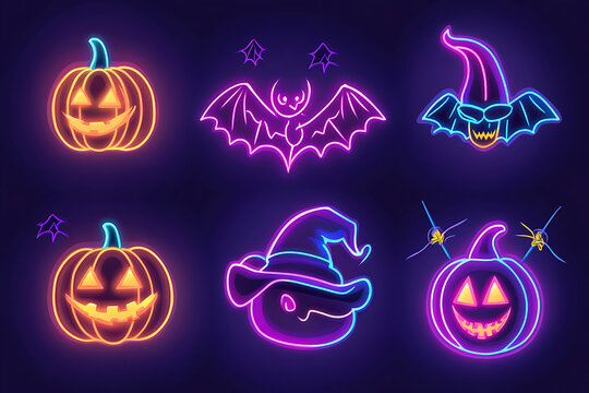 Happy Halloween neon icons collection. Pumpkin, ghost and moon. Trick or treat concept. Season october holiday. 