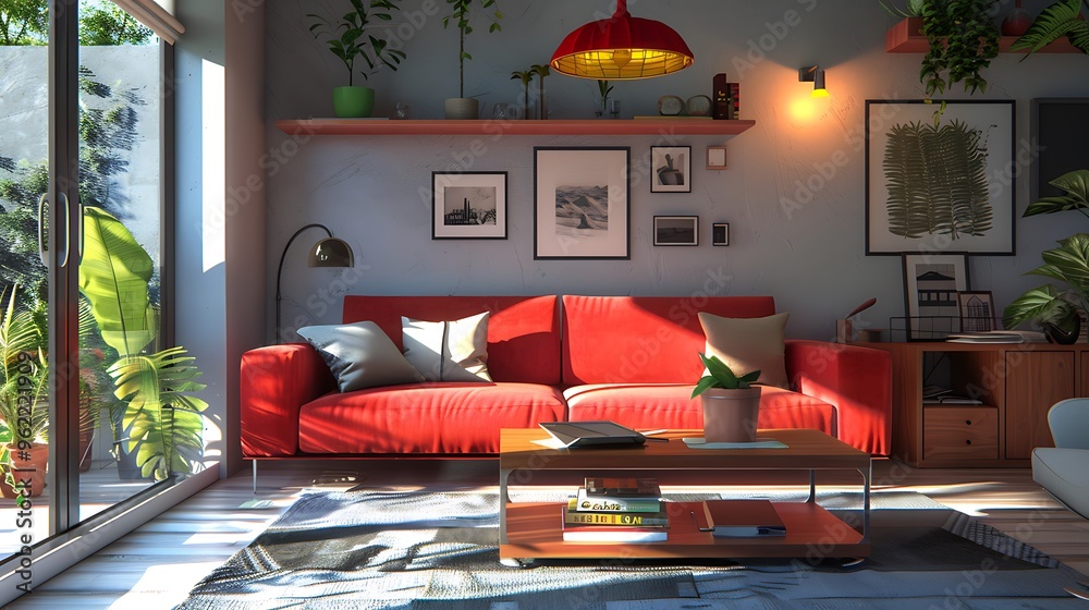 A modern red living room design with a striking red sofa, Scandinavian ...