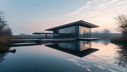 A modern building combined with a tranquil natural environment presents a harmonious urban landscape with a hazy sky as a background to create a tranquil atmosphere.