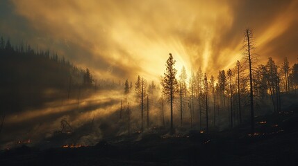 Poster -   A dense forest surrounded by towering trees beneath a gloomy sky