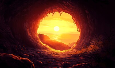 Poster - Cave Entrance Revealing a Sunset Over the Sea