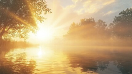 Wall Mural - a large body of water surrounded by trees and bathed in sunlight through cloudy skies