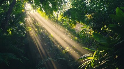 Canvas Print -  Sunlight filters through a tropical tree in a dense green forest