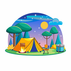 Camping place cartoon composition with yellow tent lamp pot with dinner on fire night sky illustration (5)