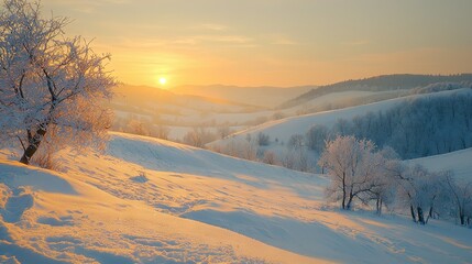 Sticker -  A snow-covered hill with trees in the foreground is bathed in the warm glow of sunset