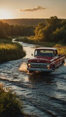 Wall Mural - Retro pickup truck driving over a river during sunset.