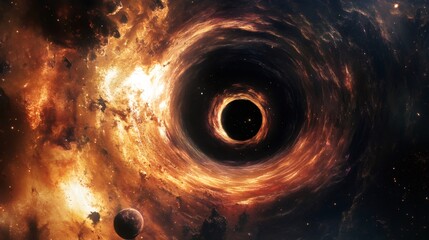 Wall Mural - A black hole surrounded by a glowing nebula and a planet.