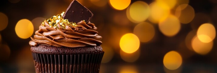 A single chocolate cupcake with rich chocolate frosting, topped with a piece of chocolate and edible gold flakes. The cupcake is a symbol of indulgence, celebration, and luxury. It represents a sweet 