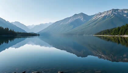 The tranquil lake is surrounded by mountains. The lake is as calm as a mirror, and the sky is clear, giving people a feeling of tranquility