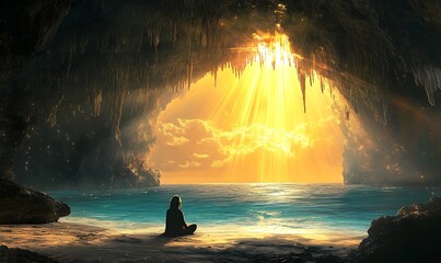 Poster - A Solitary Figure Contemplates the Golden Light Emerging from a Cave