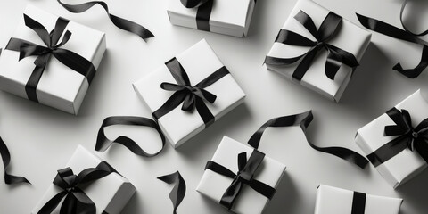 A modern background with monochrome white gift boxes and black ribbons, creating a clean, elegant aesthetic.