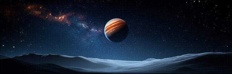 Wall Mural - a solitary gas giant with swirling bands of color dominates the night sky above an alien landscape. 
