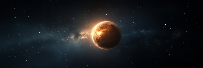 Wall Mural - a solitary planet, radiating a warm golden glow, is depicted against a vast, dark expanse of space s