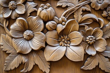 A wooden carving of flowers with a floral design, generative ai image