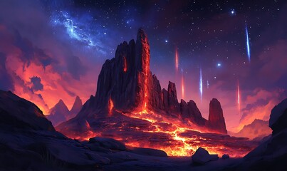 Poster - Volcanic Mountain Range Under a Starry Sky