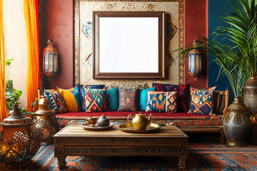 Wall Mural - A vibrant Moroccan-style living room with a front-facing perspective. One large, white photo frame on the wall. Mockup for photos and art.