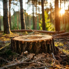 Wall Mural - tree stump in a sunlit forest