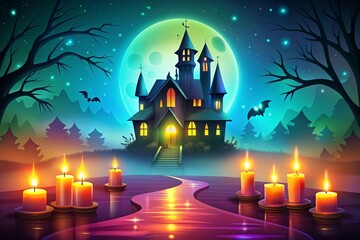 Wall Mural - Halloween Vector Background Mood Eerie Style Neon Colors and Flickering Candles Ominous Concept Haunted House