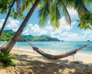 A vibrant tropical beach with lush greenery encroaching onto the sandy shore, bright blue skies overhead, and a hammock strung between two palm trees swaying gently in the breeze.