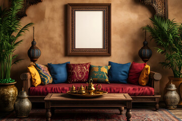 Wall Mural - A vibrant Moroccan-style living room with a front-facing perspective. One large, white photo frame on the wall. Mockup for photos and art.