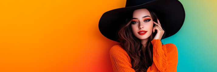 A young woman with long dark hair, wearing a black witch hat and an orange sweater,  poses against a bright orange and green background. She has a sultry look and is touching her hair with her hand. T