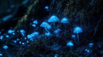 Wall Mural -   A cluster of bioluminescent mushrooms illuminating a dim woodland landscape, blanketed by moss and adorned with lichen