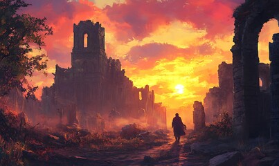 Poster - A lone figure walks through a ruined city at sunset.