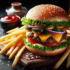 Wall Mural - Cheeseburger mit Pommes