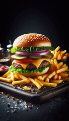 Poster - Cheeseburger mit Pommes