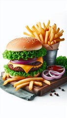 Wall Mural - Cheeseburger mit Pommes